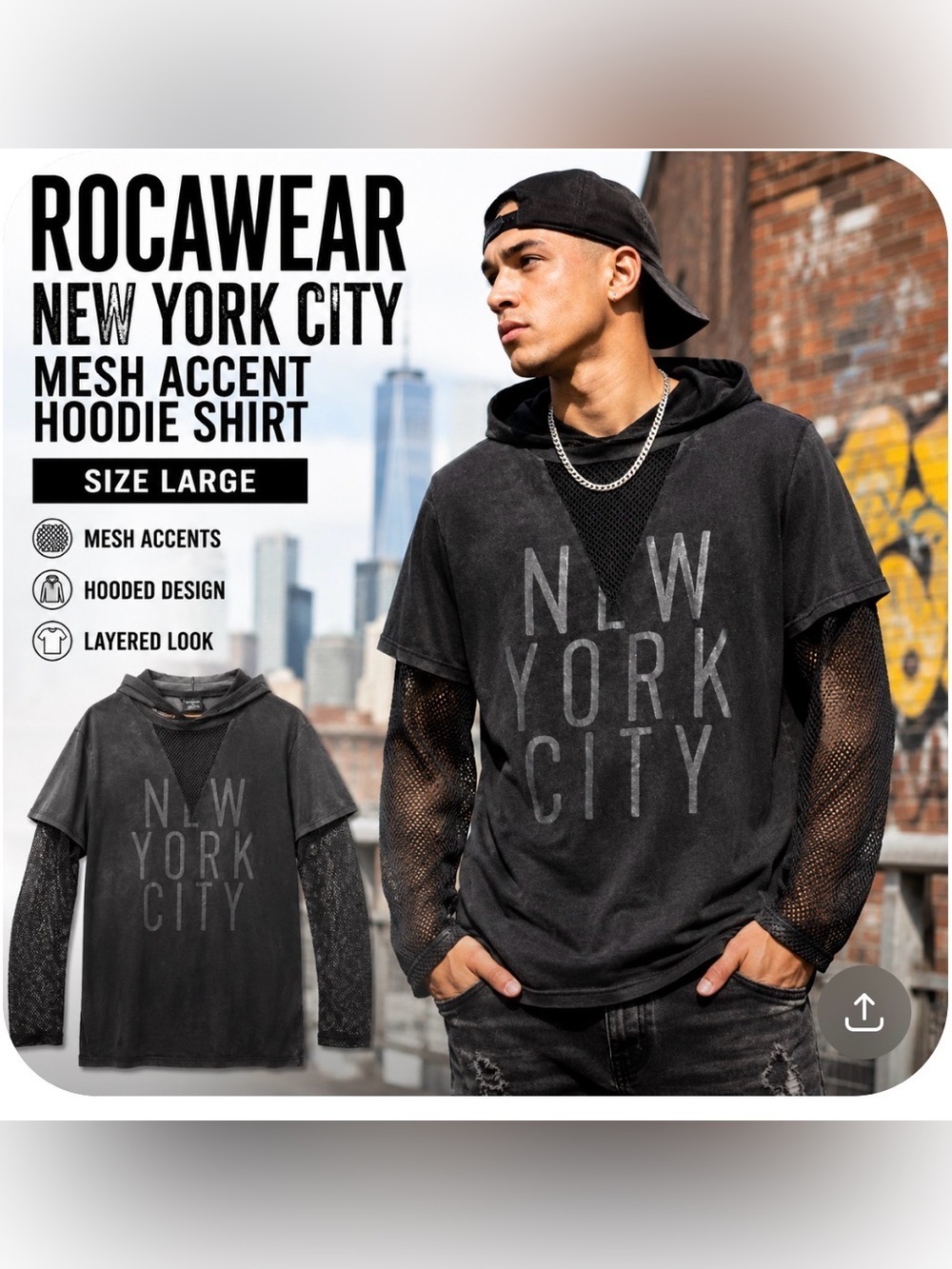Rocawear Black Mesh Accent Shirt with sleeves, and hoodie size large